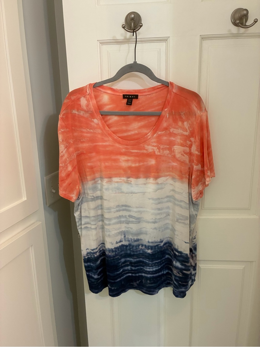 Tribal Coral, White & Navy Tie-Dye Scoop Neck Tee